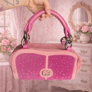 Vintage Y2K, 2000s Escada Pink Suede & Silver Hardware Baguette Purse
